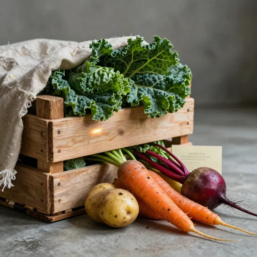 Macro of a fresh vegetable crate with kale, roots, linen wrap, and wood grain.