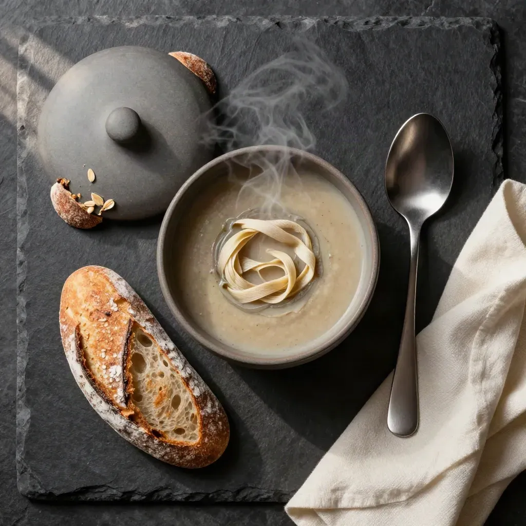 Top-down soup and sourdough set with steam, spoon and cream cloth on dark stone.