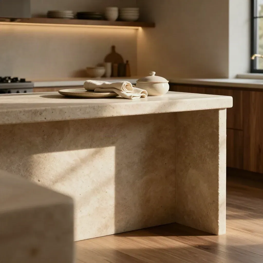 Stone kitchen island vignette with linen, crockery, and warm morning light