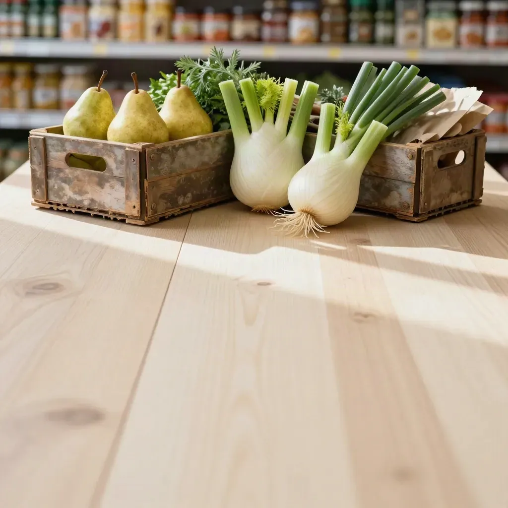 Pale butcher-block market surface with produce crates and blurred shelving above a calm copy zone.