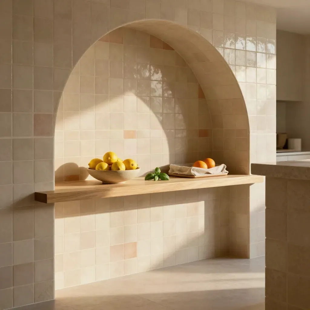 Sunlit tiled kitchen alcove with arched shelving, citrus bowl, and calm copy space.