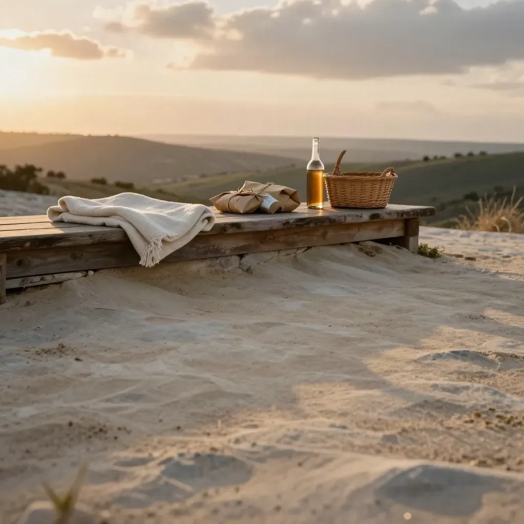 Golden picnic overlook with snack bundles on a weathered ledge above misty hills