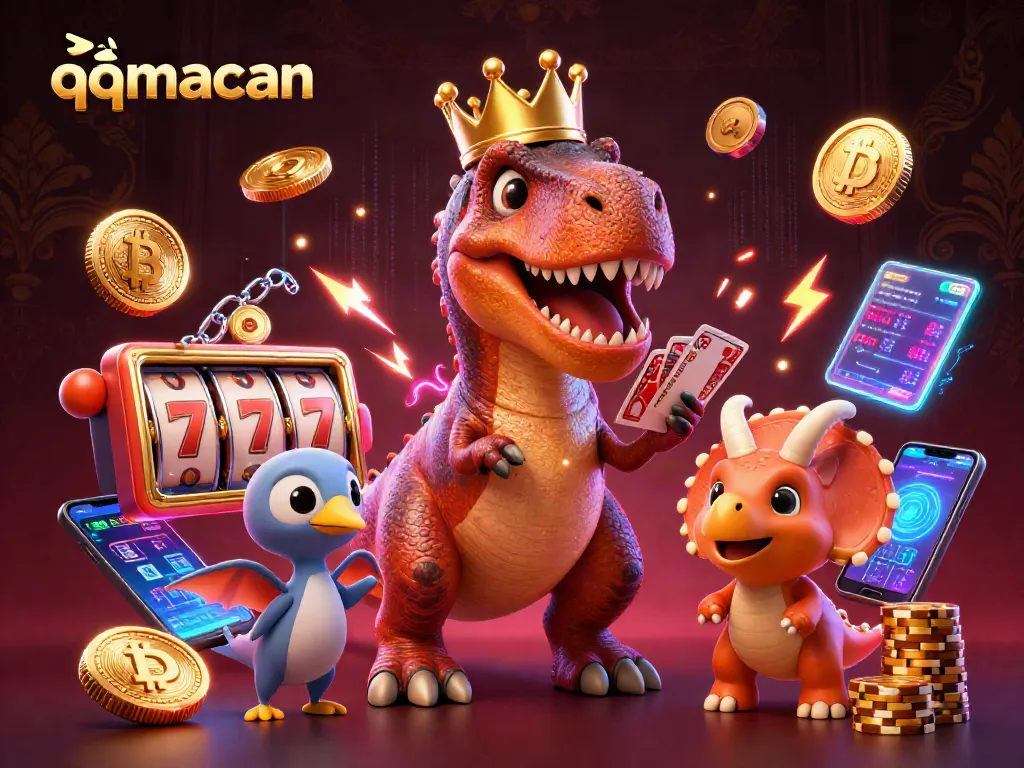 Experience thrilling gameplay with qqmacan while playful dinosaurs shuffle cards and stack chips.