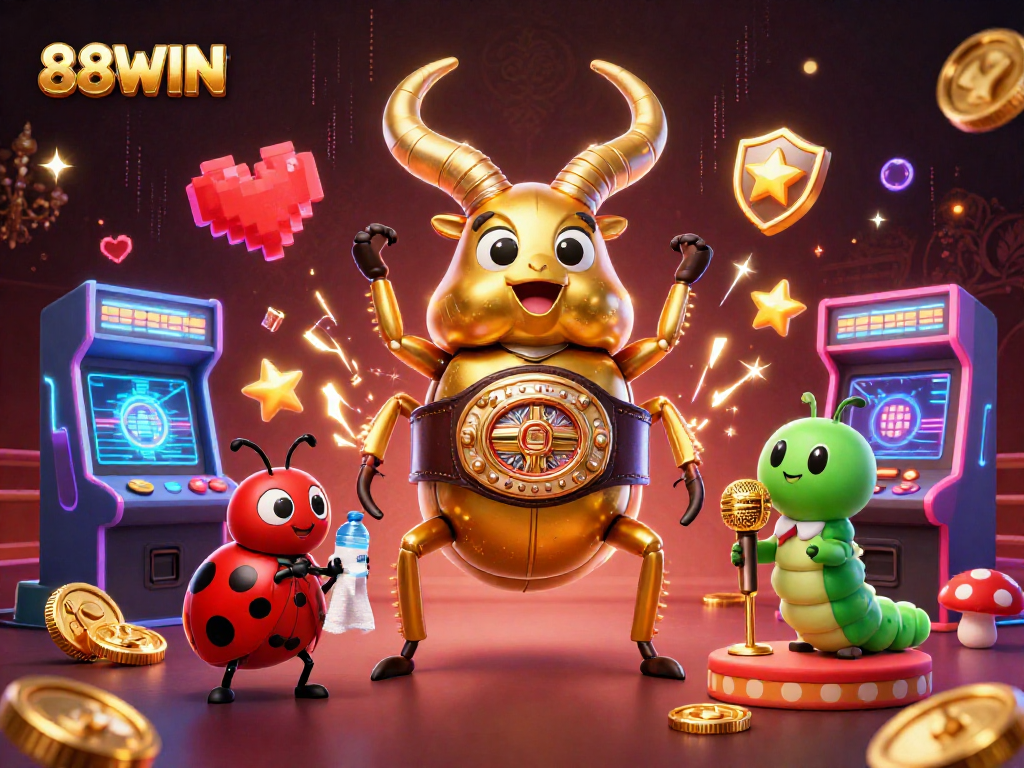 Experience exciting moments at 88WIN with cartoon characters in a dynamic casino scene filled with vibrant game elements.
