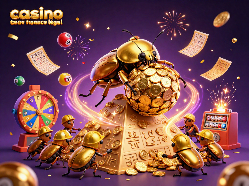 Vibrez avec le casino en ligne France légal grâce à une illustration animée captivante d'un scarabée doré en action.