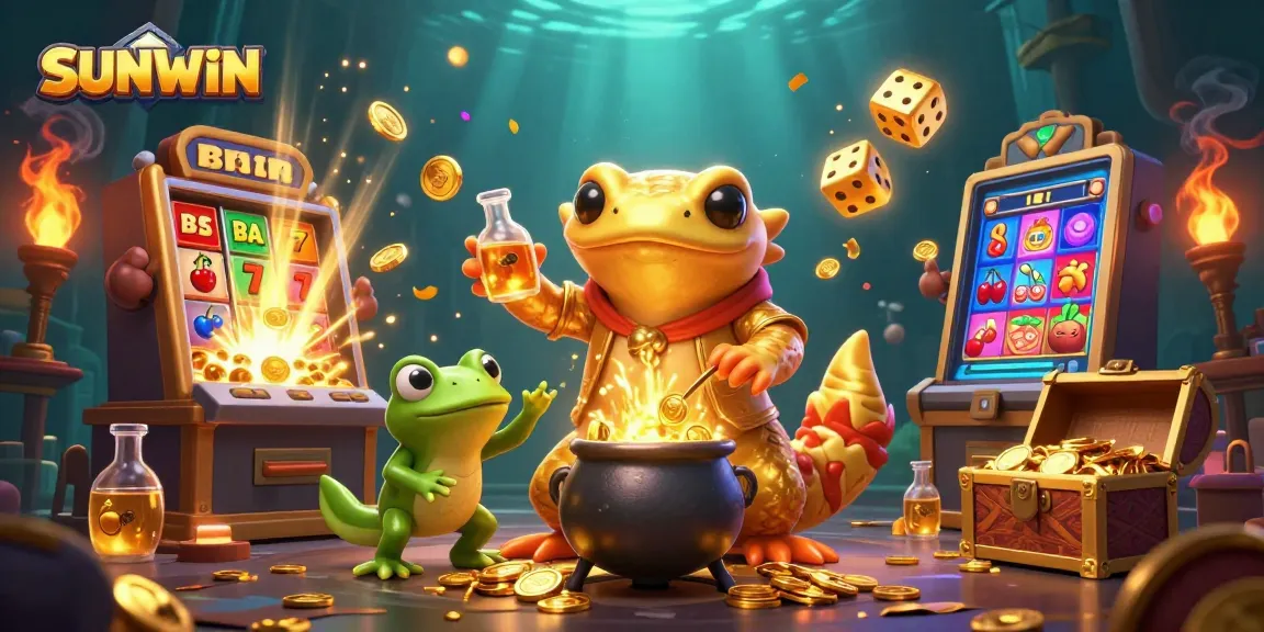 SUNWIN players rejoice as a golden salamander alchemist crafts riches in this vibrant casino illustration.