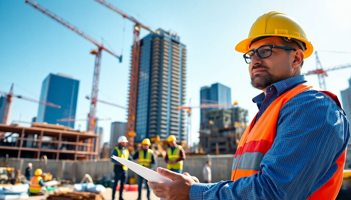 Manhattan General Contractor inspecting construction site with workers, cranes, and building materials.