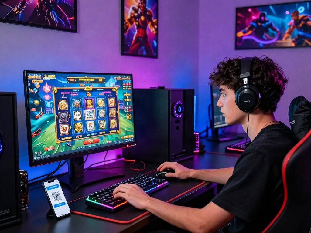 Player engaged in slot deposit QRIS gaming with vibrant visuals and modern setup.