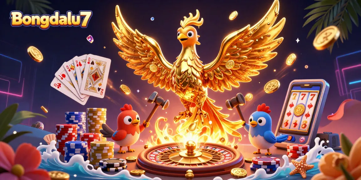 Bongdalu7 showcases a stunning 3D golden phoenix surrounded by casino elements, highlighting exciting gameplay.