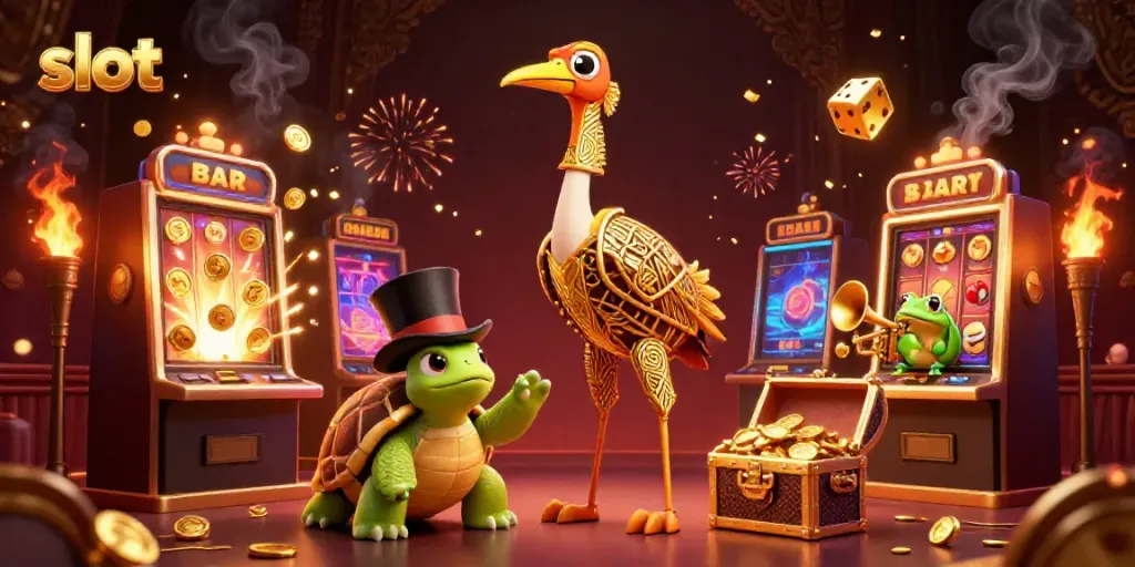 Slot menang dengan mesin slot dan karakter berwarna yang menarik di kasino.