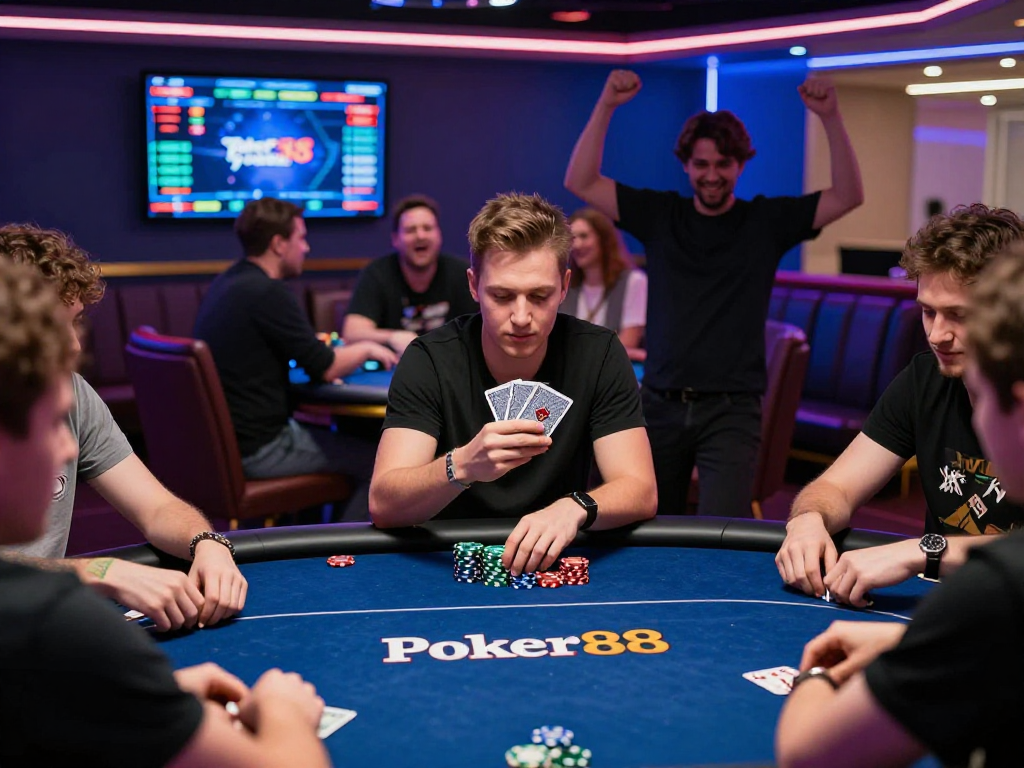 Diverse players enjoying an intense game of Poker88, showcasing excitement and strategy in a modern gaming lounge.