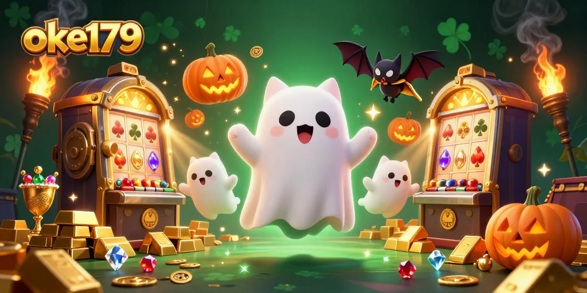 Engage with the excitement at oke179, featuring a ghost cat and vampire bat in a haunted casino.