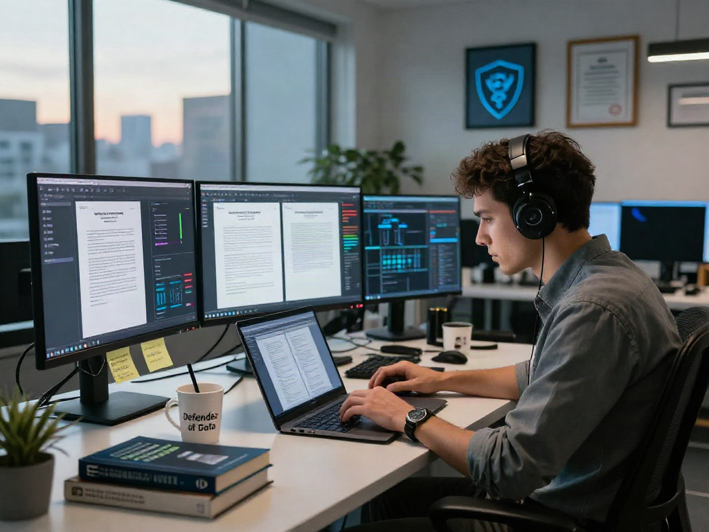 Cybersecurity expert analyzing document fraud detection software in a modern workspace environment.
