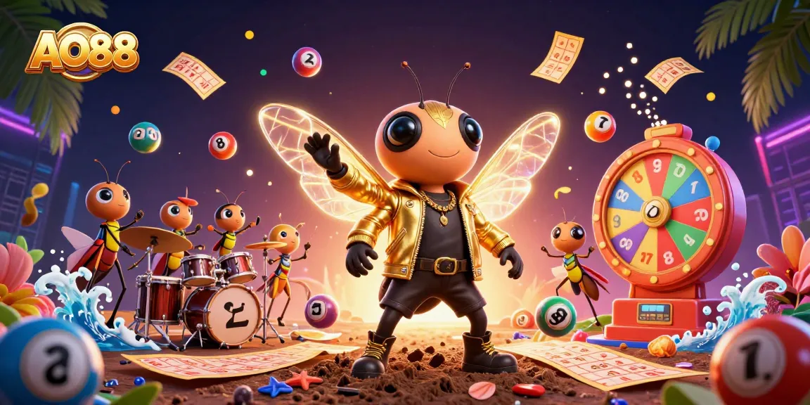 Engage with the vibrant AO88 lottery scene featuring colorful balls, a cicada rock star, and dynamic elements.