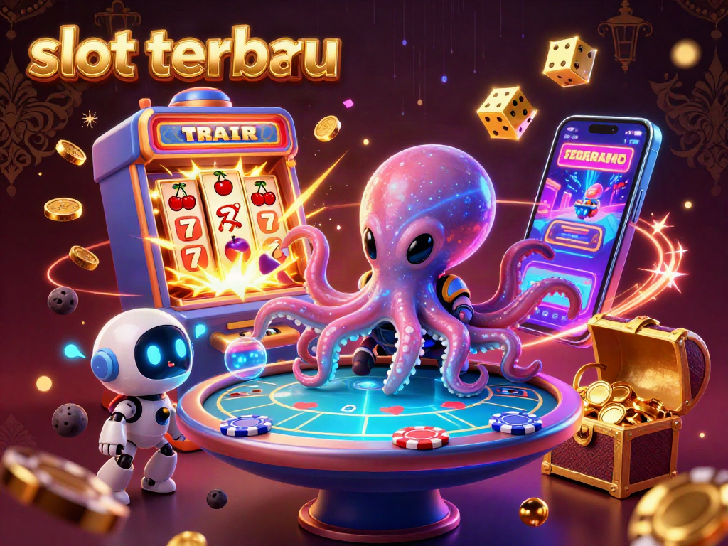 Experience slot terbaru with a thrilling alien octopus managing a holographic poker table, enriched by casino symbols.