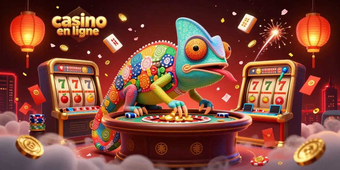 Atteignez vos gains avec "casino en ligne", représentant un caméléon qui attire des pièces d'or.