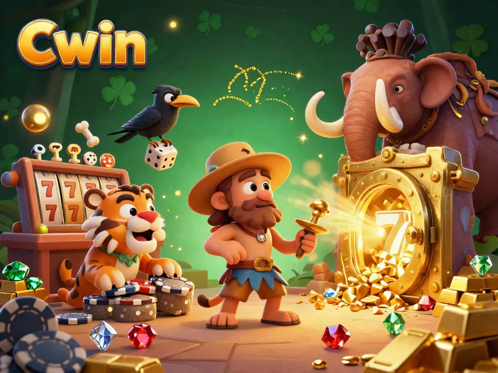 Cwin casino features a lively 3D scene with caveman, sabertooth tiger, and crow, showcasing vibrant slot reels and treasures.