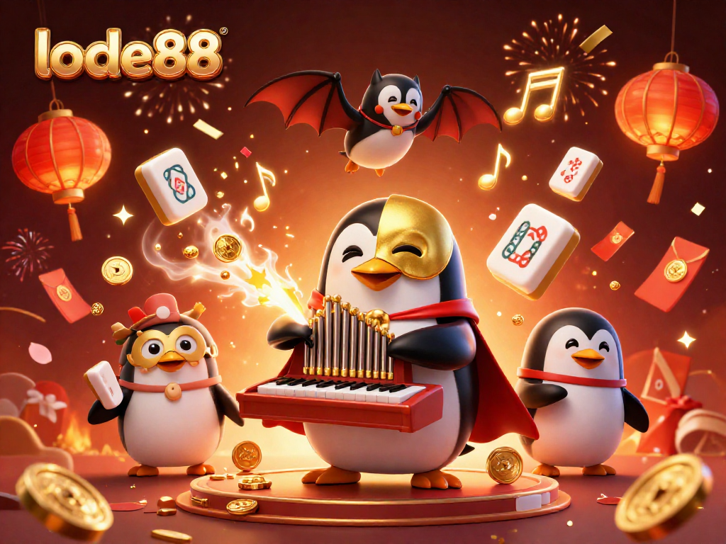 Experience the excitement of lode88 with a vibrant 3D casino scene featuring a penguin and dynamic elements.