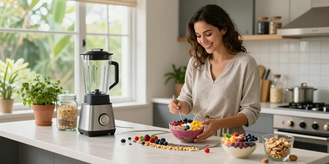 Find out more about healthy living with colorful smoothie bowls in a bright kitchen setting.