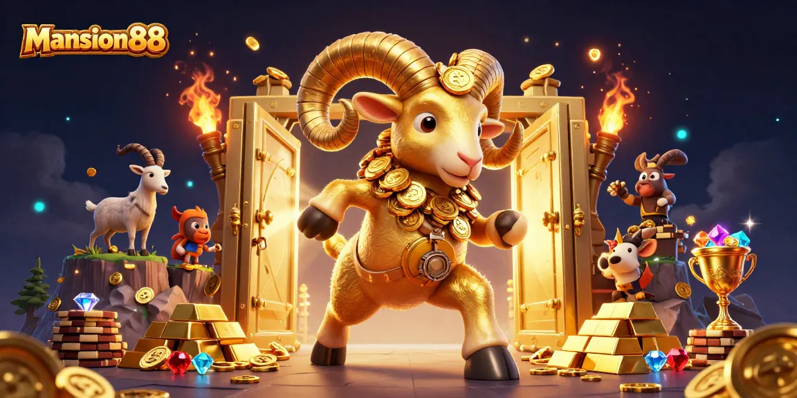 Mansion88 showcases a golden ram charging through a treasure vault, symbolizing winning strategies in online gambling.