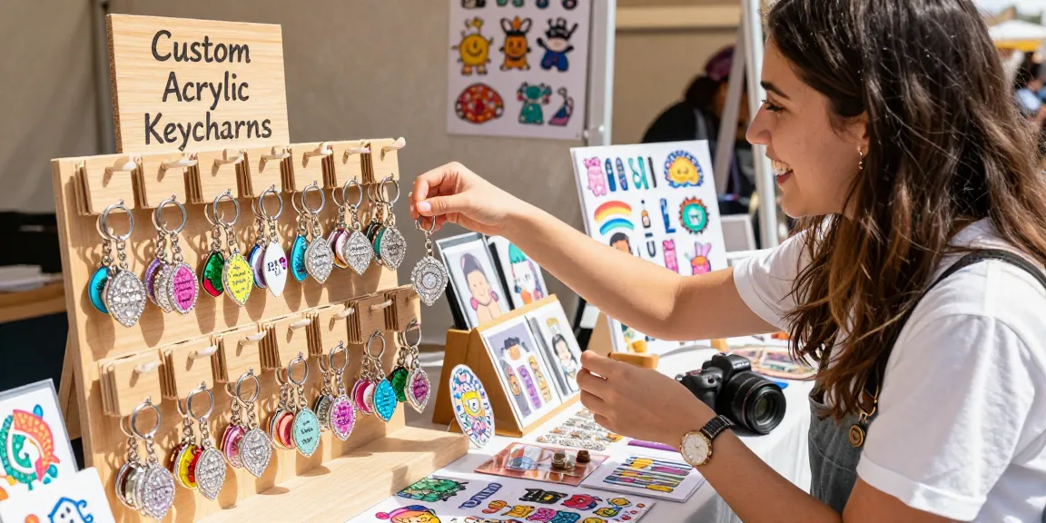 Stylish woman admiring a custom diamond keychain at an artisan market.