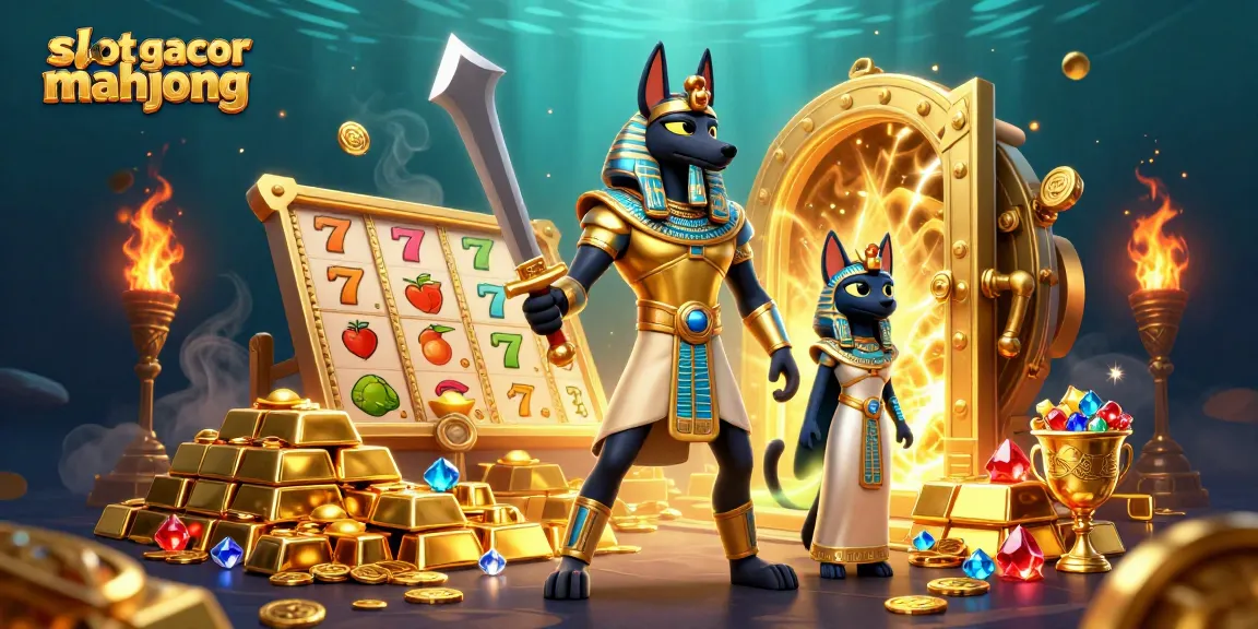 Engage in slot gacor mahjong with ancient Egyptian warriors amidst golden treasures and slot elements.