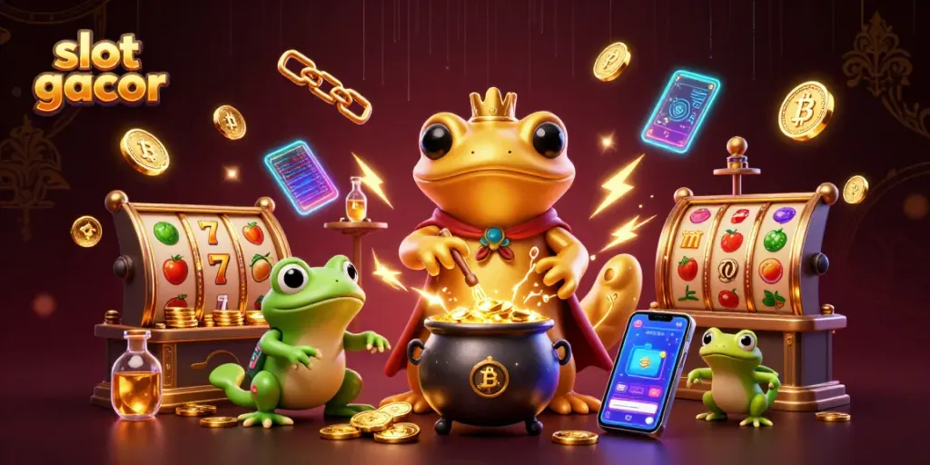 Bermain slot gacor dengan karakter alkemis raksasa dan simbol keberuntungan di sekitar mereka.