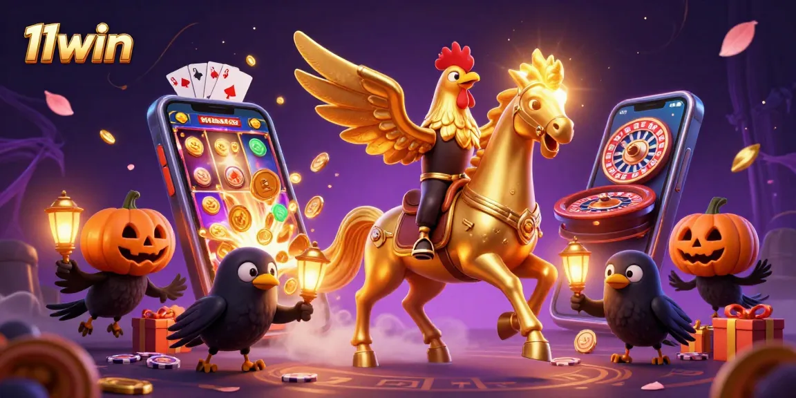 Engage with vibrant 11win casino visuals as a golden rooster ventures through a midnight gaming scene.