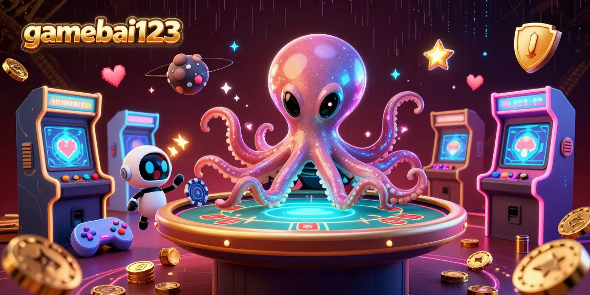 gamebai123 showcases a vibrant 3D casino scene with an alien octopus and poker elements.