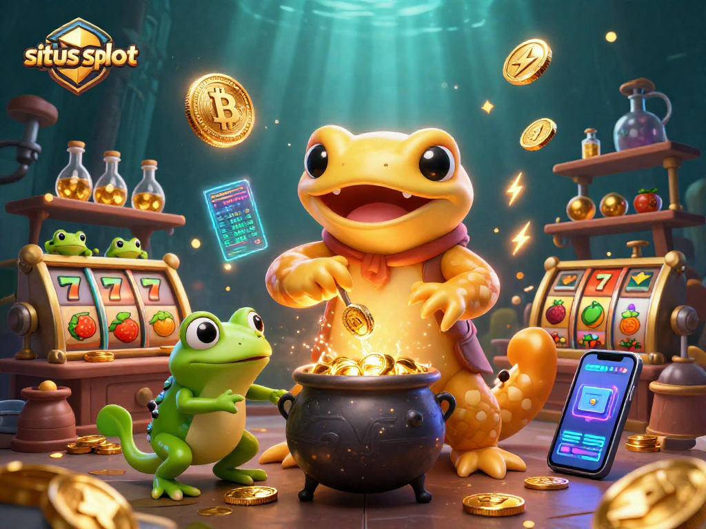 Experience situs slot excitement with a colorful 3D illustration of a golden salamander alchemist and thematic gaming elements.