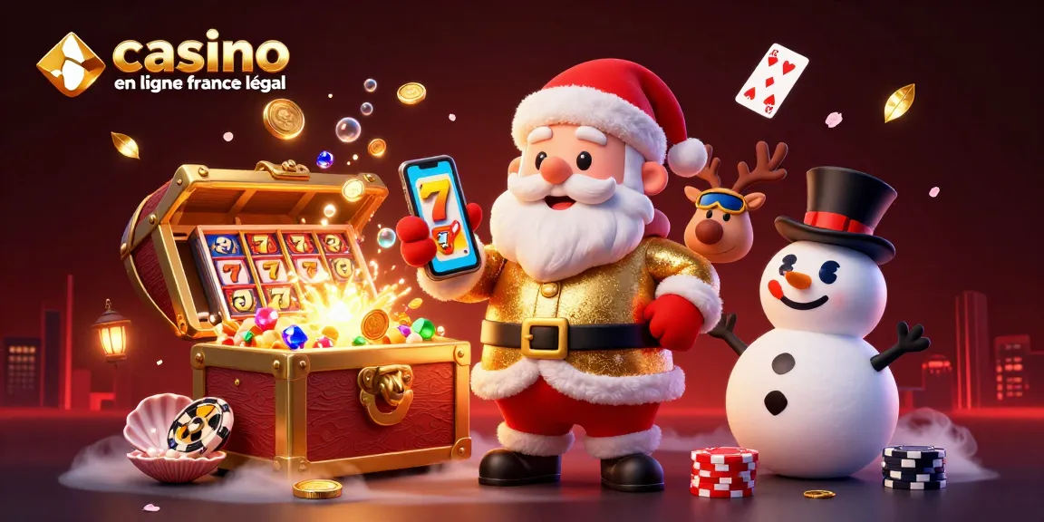 Illustration ludique représentant le Père Noël utilisant un smartphone pour jouer à un casino en ligne France légal.