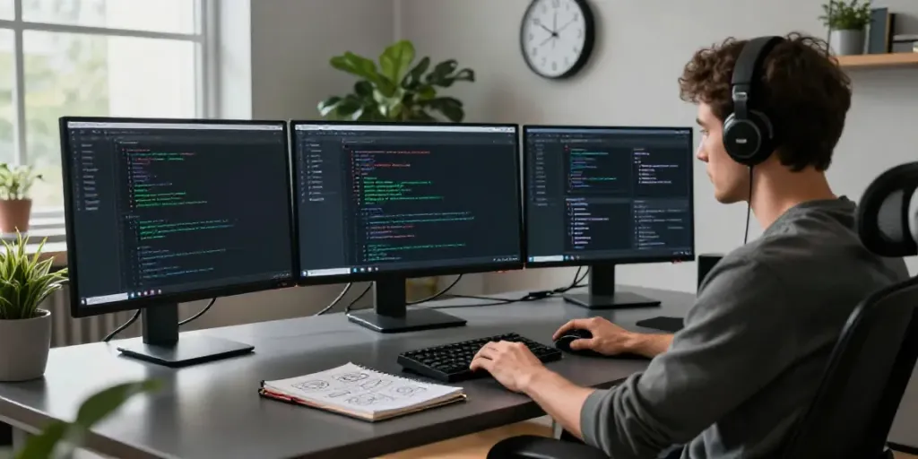 Brave browser development scene with a developer coding in a tech workspace