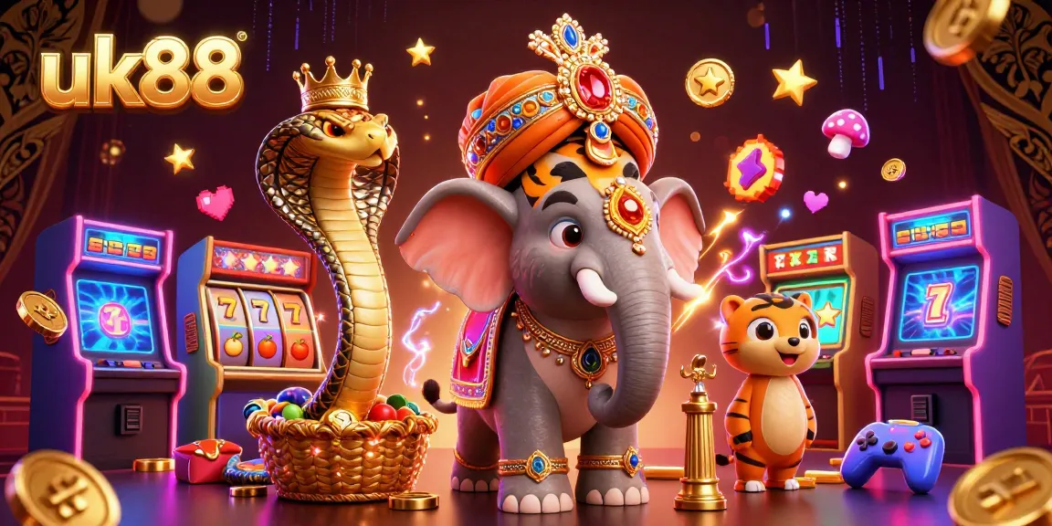 Engage with the vibrant 3D casino scene featuring the iconic uk88 logo amidst animated slot reels and games.