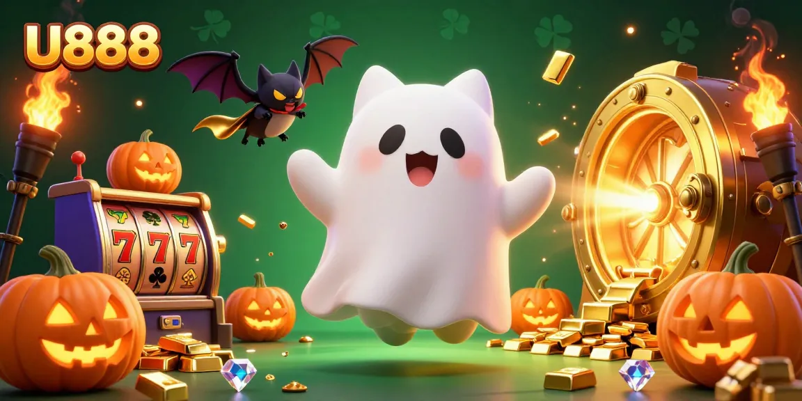 U888 entertains players with a lively scene of ghost cats and treasures in a captivating casino.