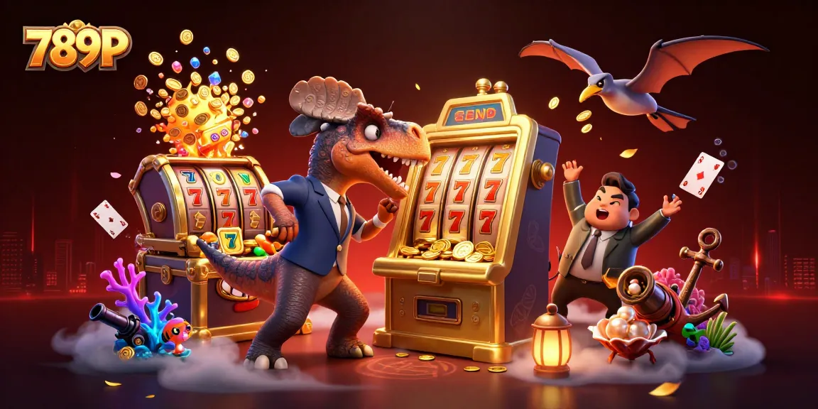 789P slot machine explodes with coins as dinosaurs celebrate in vibrant casino scene.