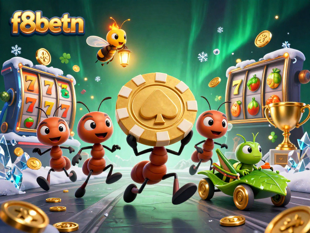 Win big with f8betn as ants carry a giant poker chip through a vibrant casino scene