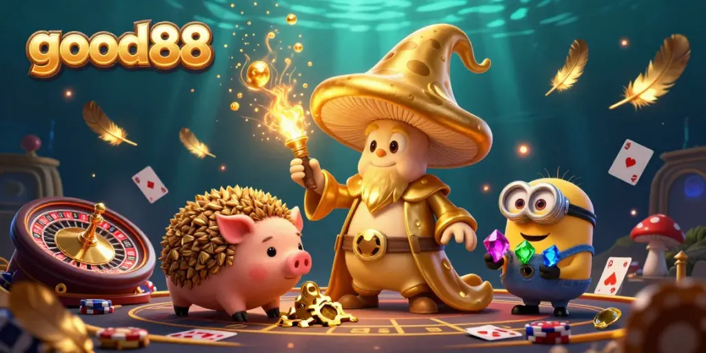 Experience exhilarating gaming at good88 with a whimsical wizard and treasures in a vibrant casino scene.