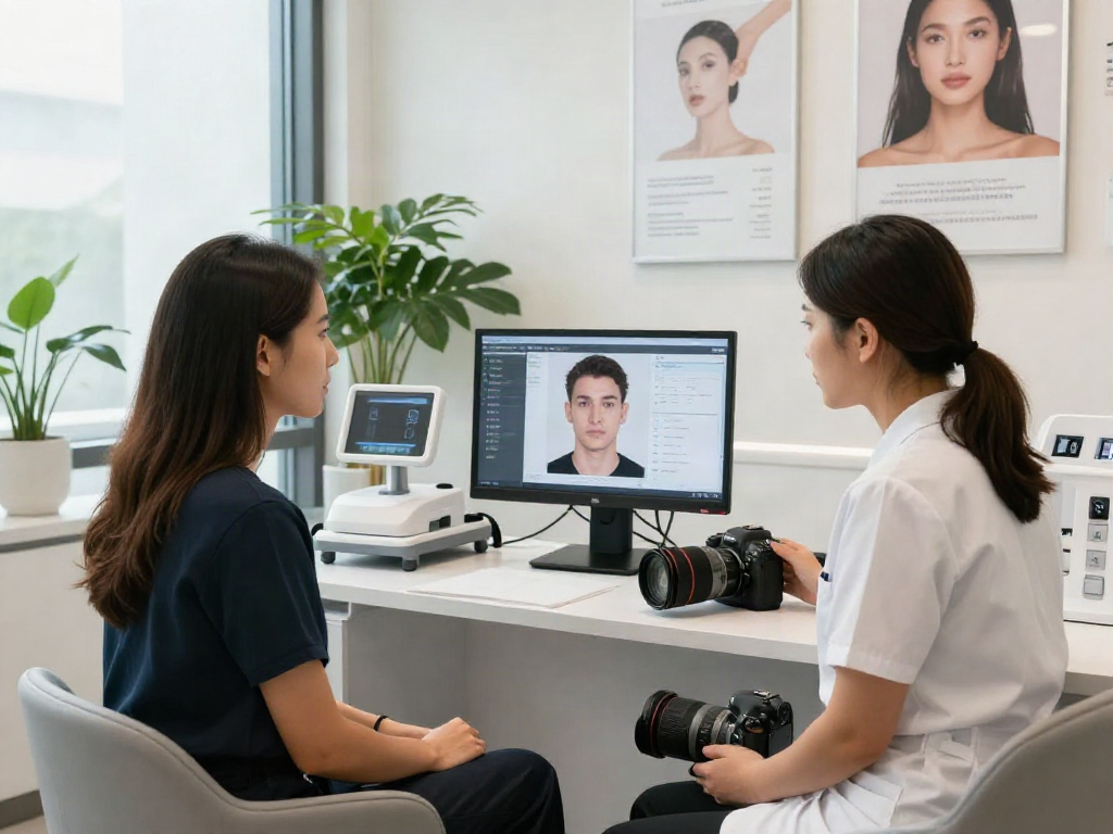 ClinicEvo is a better alternative to QOVES in a modern aesthetic clinic environment, showcasing personalized facial analysis consultation.