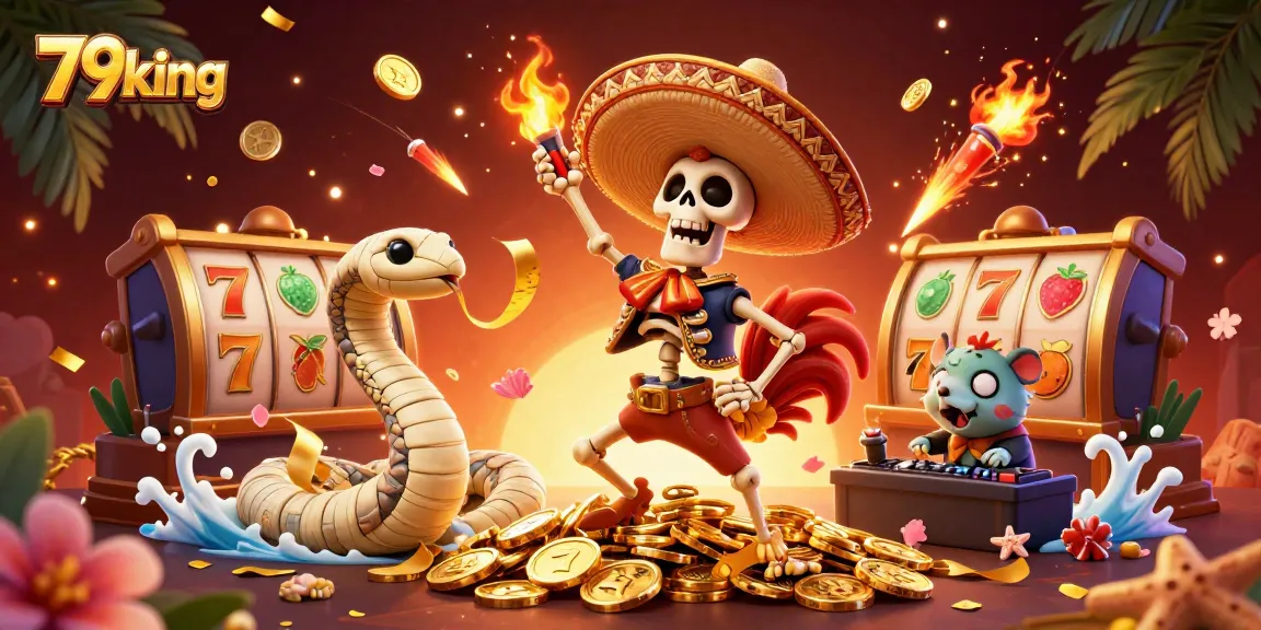 Experience the thrill at 79king with vibrant 3D casino characters celebrating amidst golden coins and slot reels.