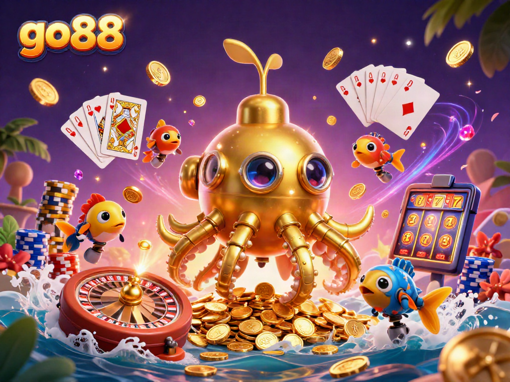 Experience thrilling wins with go88's vibrant gaming scene featuring animated characters and casino elements.