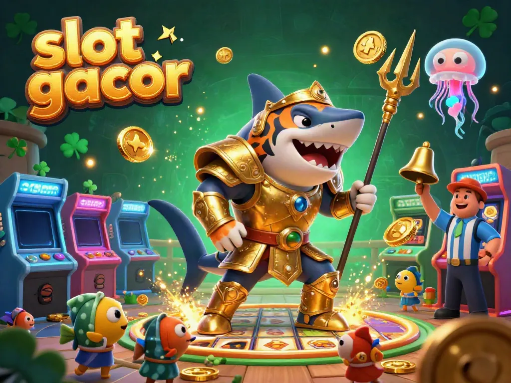 Ilustrasi slot gacor yang berwarna-warni, menampilkan hiu macan 3D dalam armor gladiator, dikelilingi mesin slot.