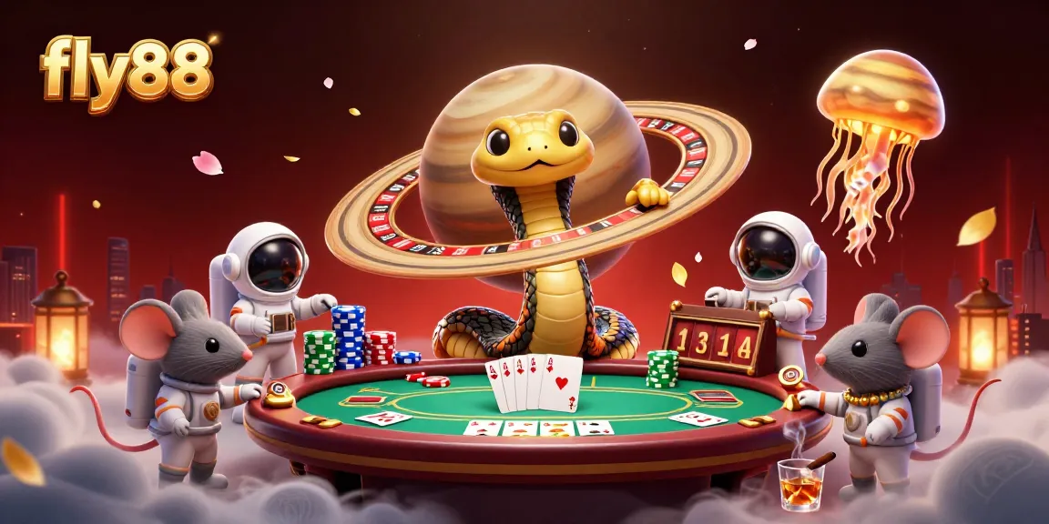 Betting on the fly88 rings while astronauts enjoy a cosmic casino scene filled with poker elements.