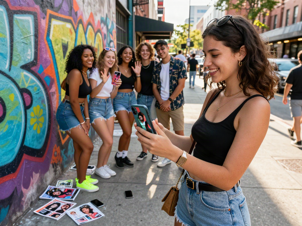 Young woman discovering who she might look like celebrities in an urban setting.
