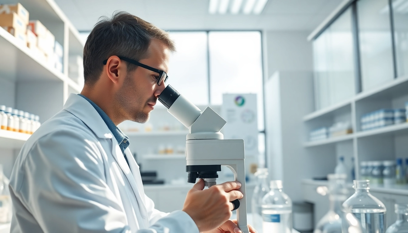 Researcher studying peptides in a modern lab, highlighting precision and scientific discovery.