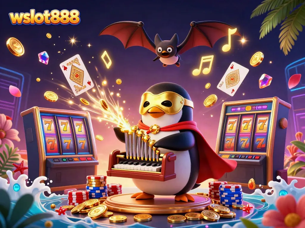 Simak wslot888 dengan penguin opera dan koin emas berhamburan di kasino.