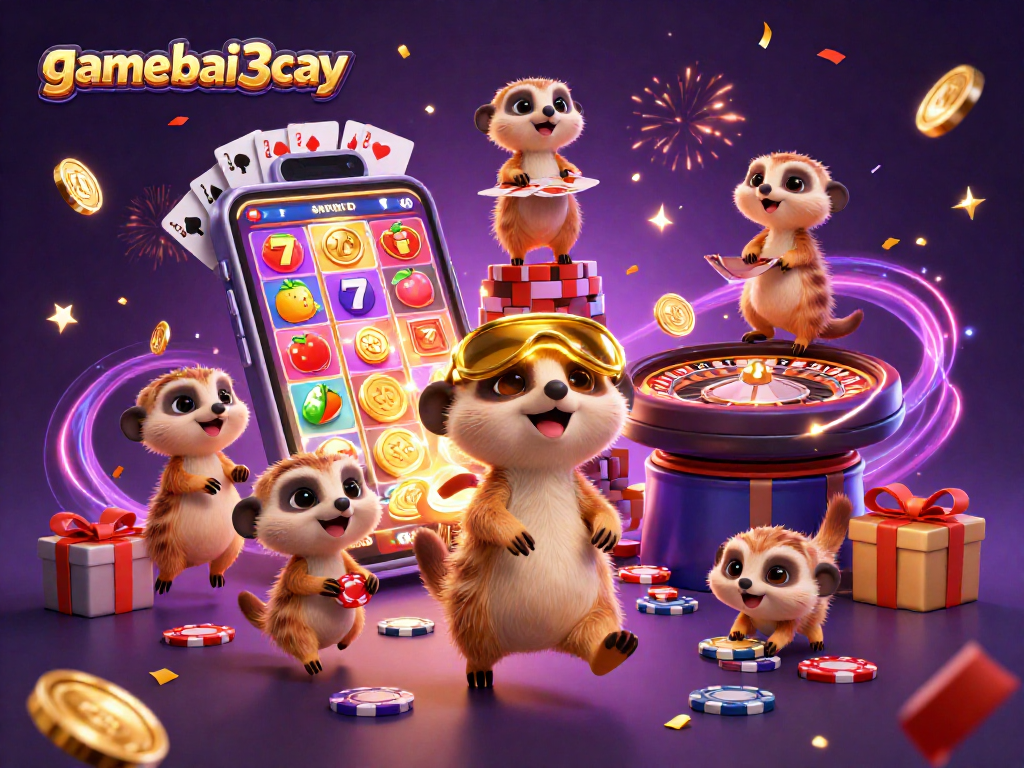 Experience thrilling slot adventures with gamebai3cay’s lively meerkat casino illustration featuring vibrant action.