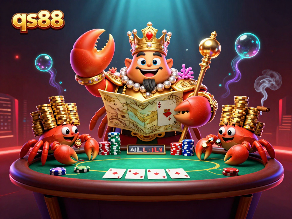 Experience the excitement of qs88 with a golden crab emperor and poker elements in this vibrant scene.