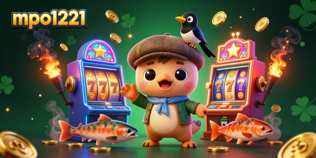 Interactive mpo1221 gaming scene with colorful slot machines and charming characters for an engaging casino experience.