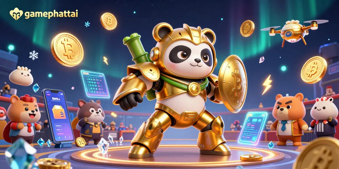 Experience gamephattai excitement with dynamic 3D slots and crypto elements in a vibrant illustration.