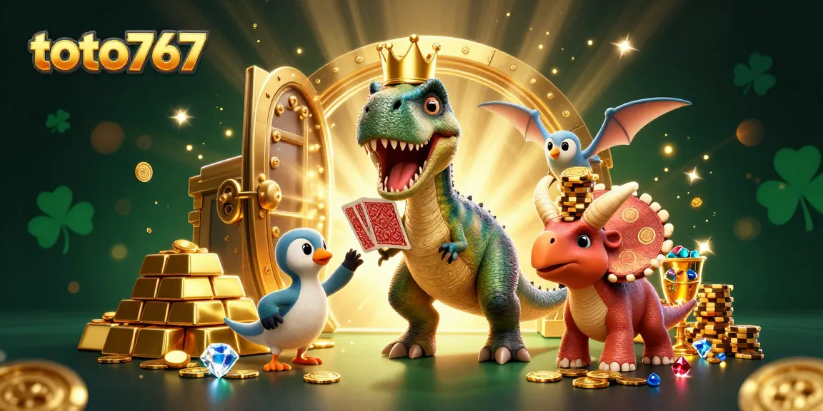 Toto767 menghadirkan ilustrasi kasino dengan T-Rex bermain kartu, pterodactyl membantu, dan triceratops menjulang chip emas.